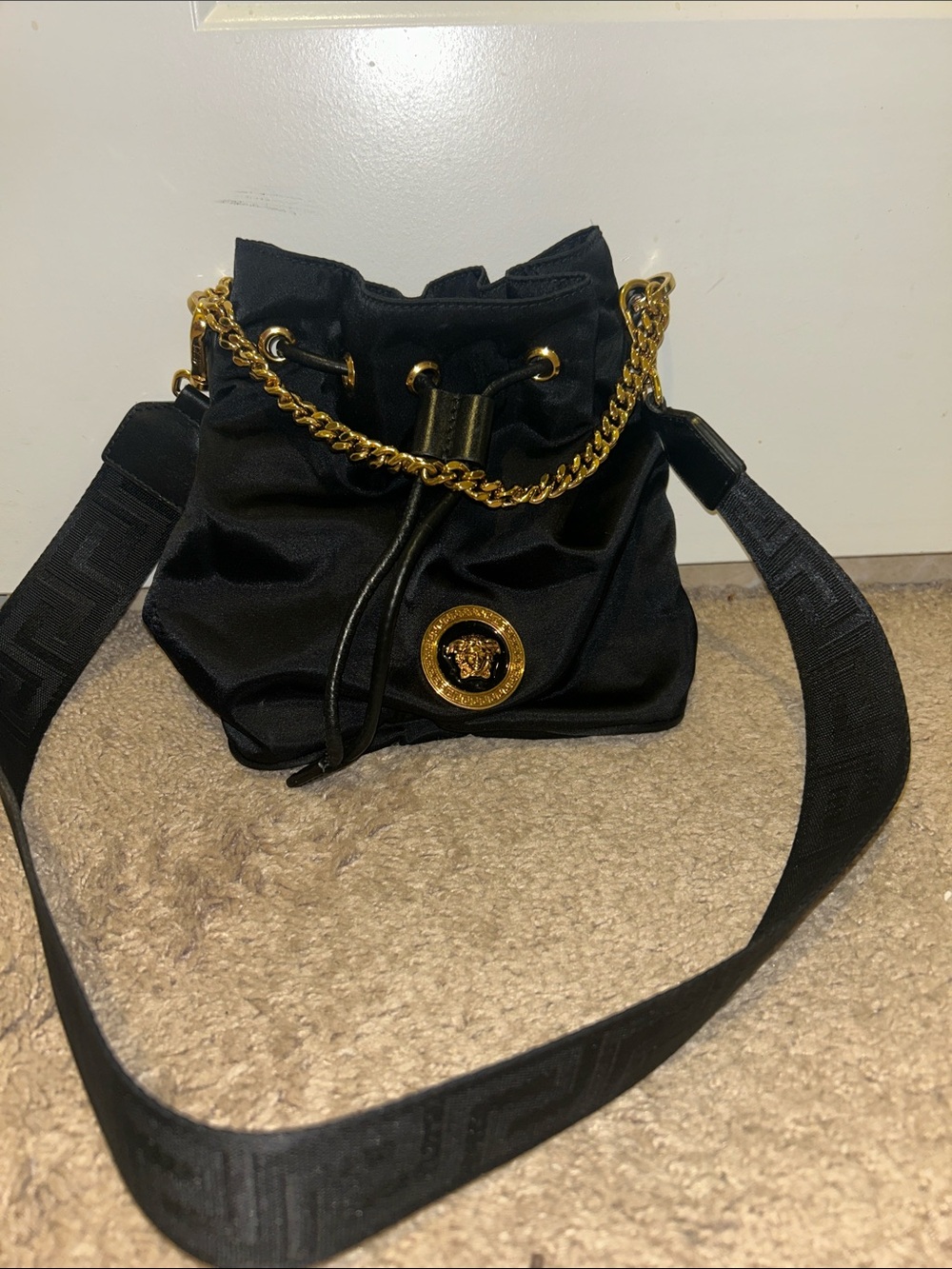 Versace Black Mini Drawstring Bucket Bag with Gold Hardware